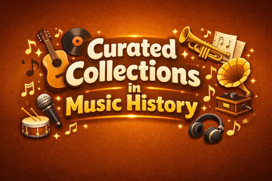 A vintage record player and headphones are part of a curated collection showcasing music history.