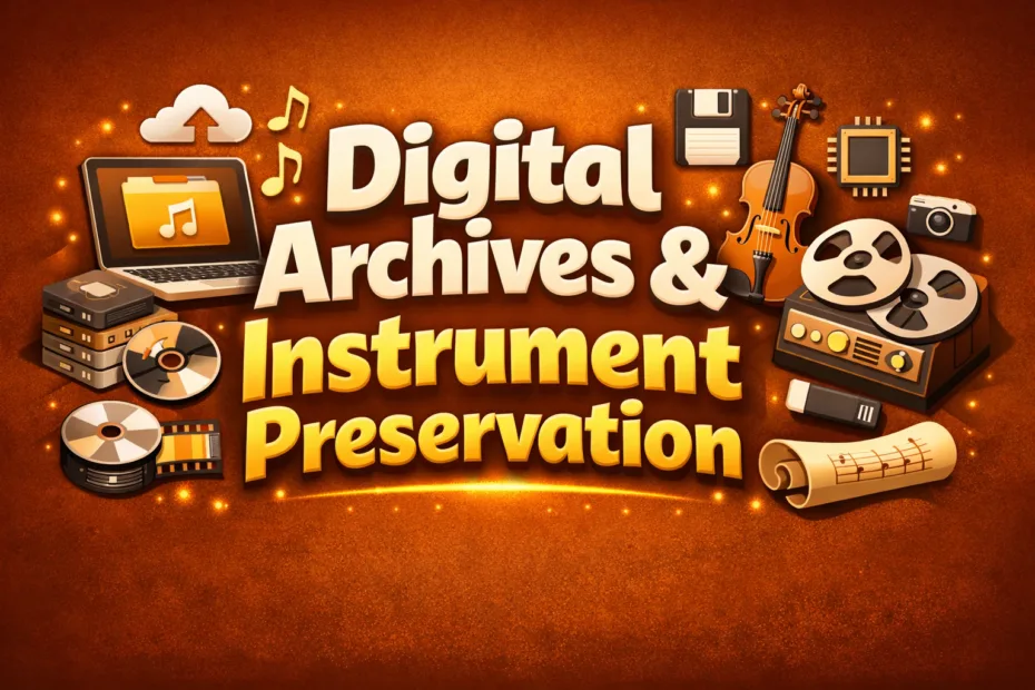 A vintage guitar and a digital music player sit next to each other on a wooden surface, illustrating digital archives and ins…