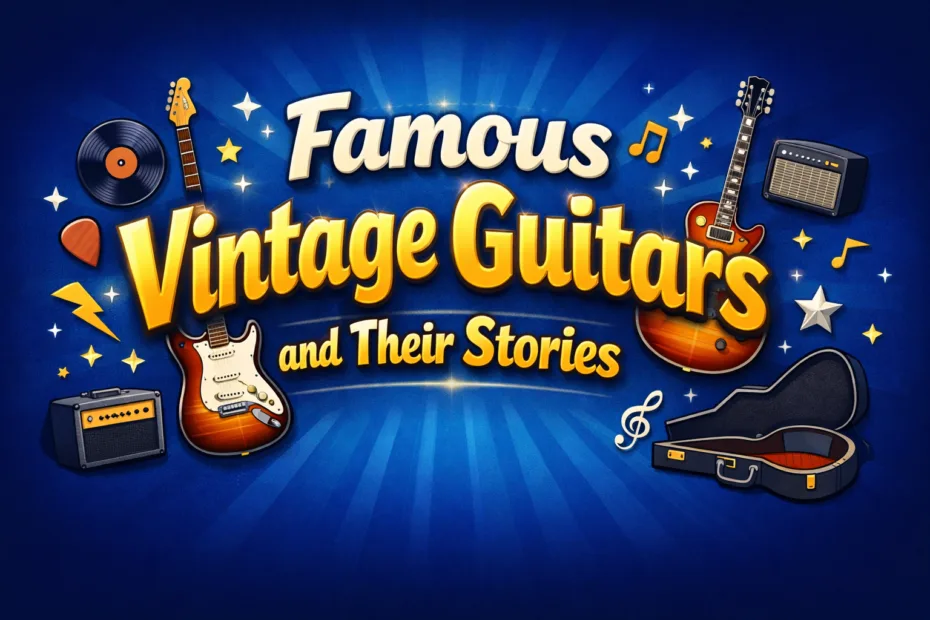 Famous vintage guitars with rich stories, including a classic electric guitar and a well-worn acoustic guitar set against a m…