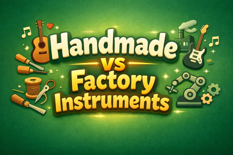 A handmade guitar and a factory-produced keyboard side by side on a vibrant green background with musical notes.