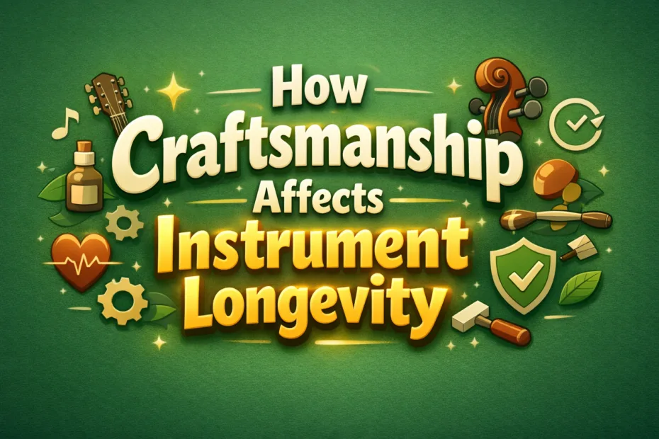 A close-up of a handcrafted wooden guitar with visible grain detail, emphasizing craftsmanship's role in instrument longevity…