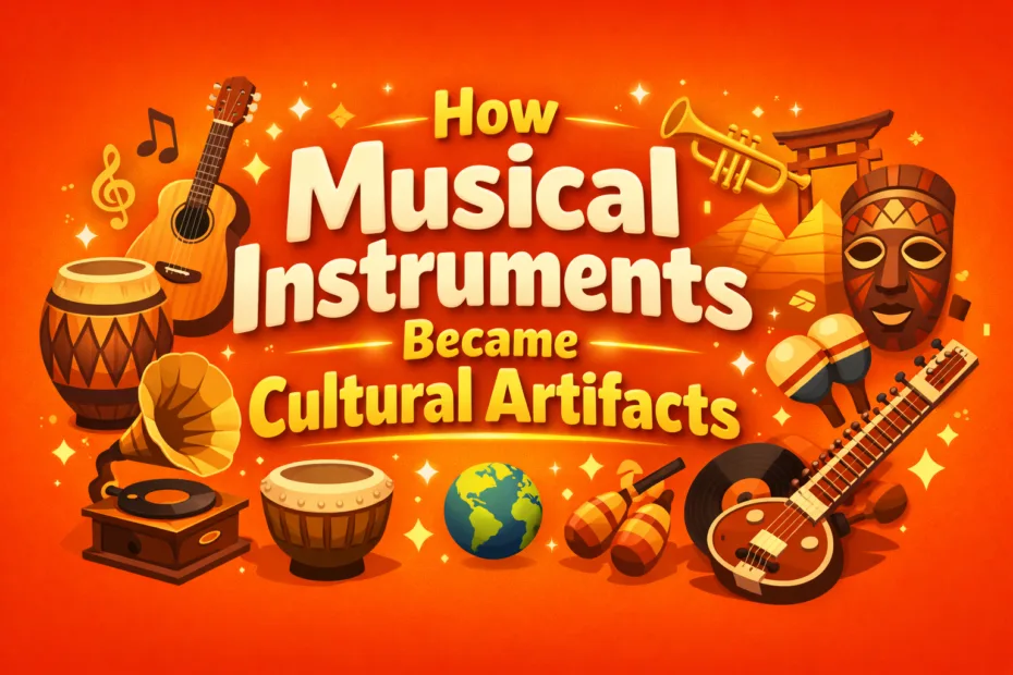 A close-up of a traditional drum and a guitar, illustrating how musical instruments become cultural artifacts.