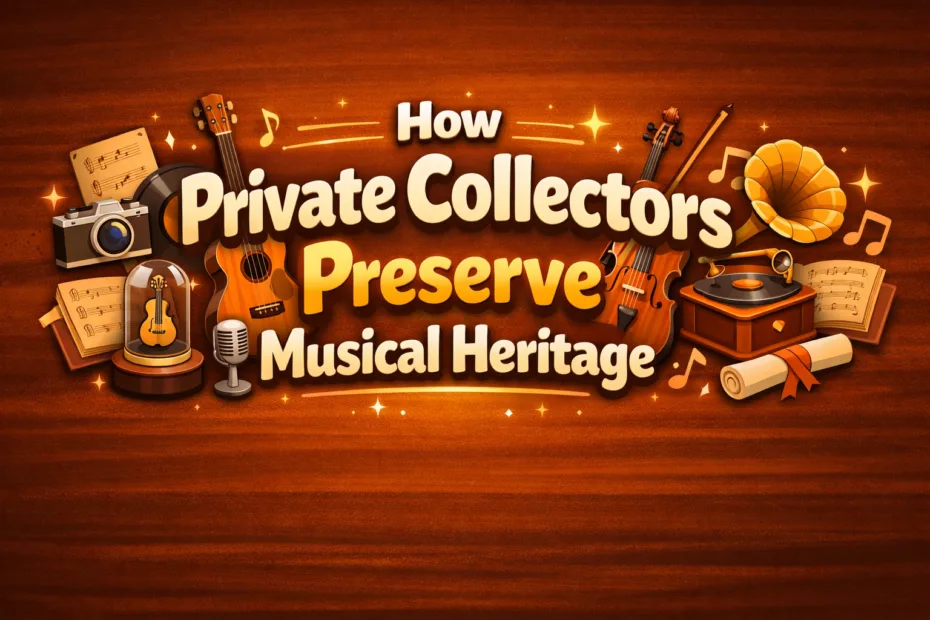 A collection of vintage musical instruments and a private collector's display case, emphasizing preservation of musical herit…