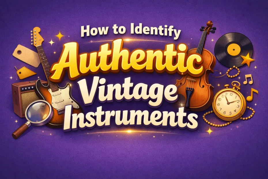 A close-up of a vintage guitar neck and tuning pegs, emphasizing vintage authenticity for identifying genuine instruments.