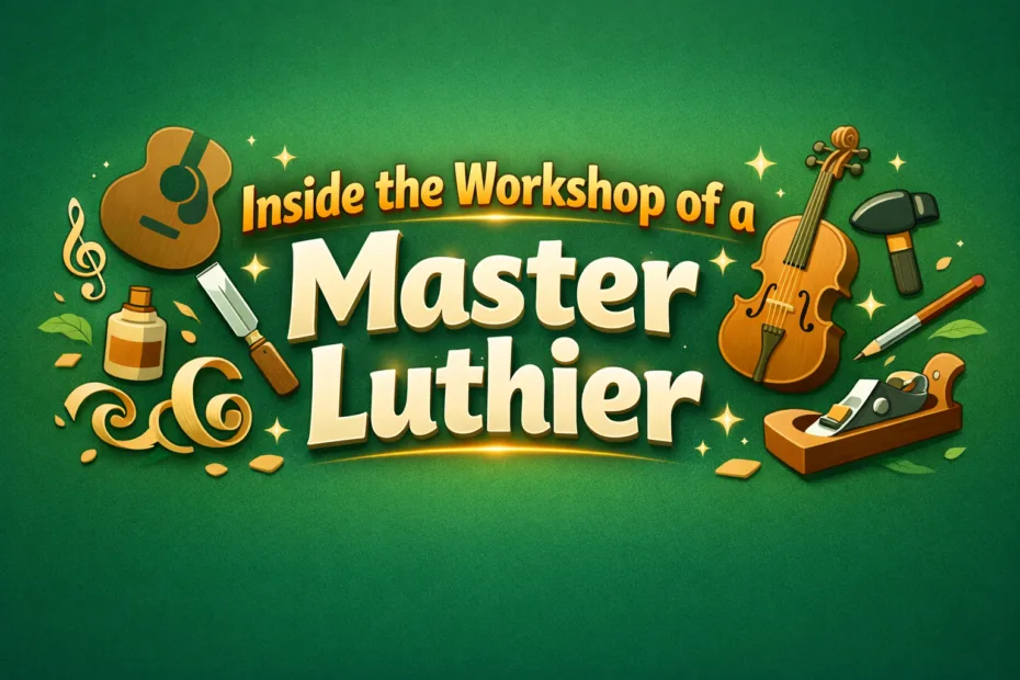 A master luthier's workshop features a wooden guitar body and tools used for crafting high-quality instruments.
