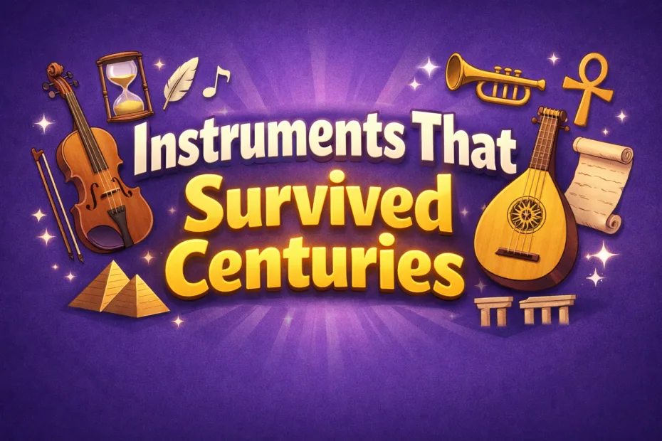 A centuries-old guitar and violin rest against a purple background, showcasing instruments that have survived centuries.