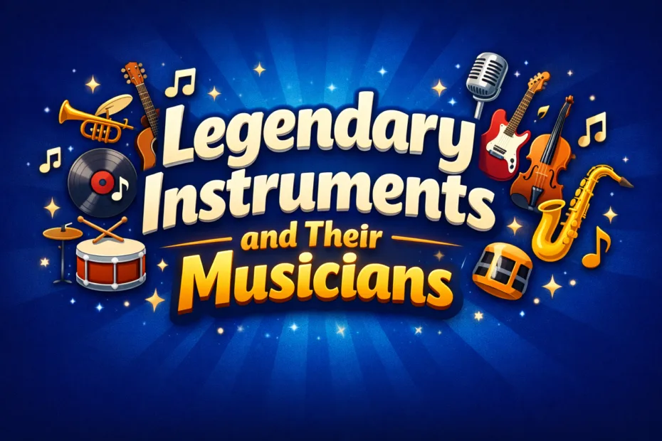 A classic electric guitar and a vintage microphone set against a dark stage for a legendary instruments scene.