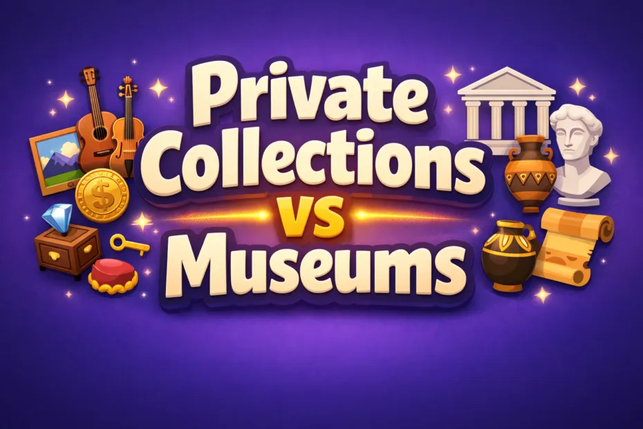 A violin and a statue sit side by side in a museum display showcasing collections versus museums.