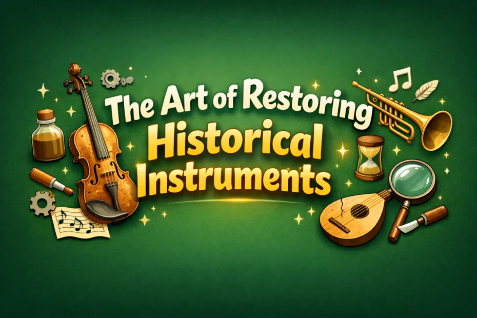 A vintage guitar and violin resting on a wooden table, emphasizing the craftsmanship involved in instrument restoration.