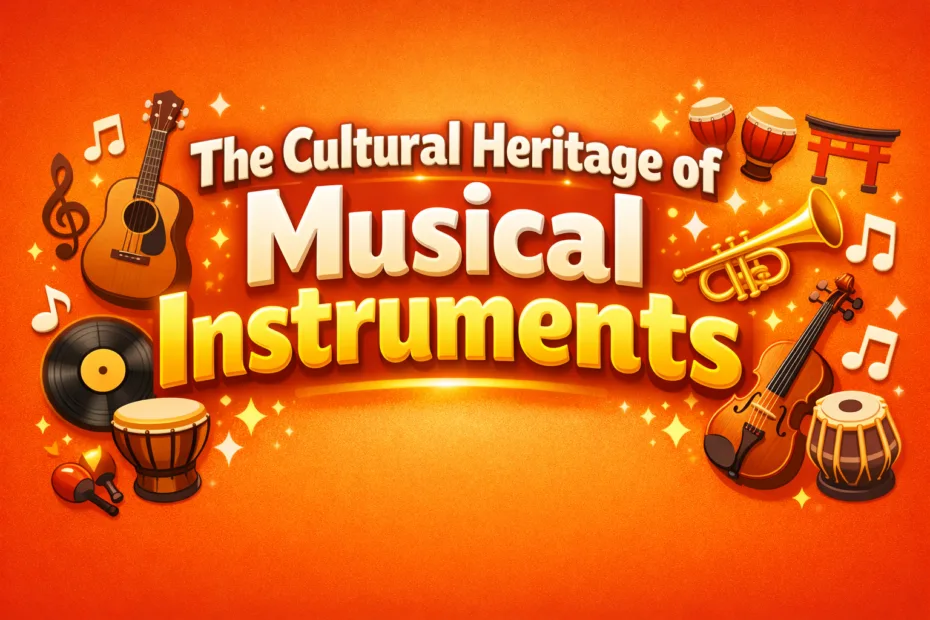 A variety of traditional musical instruments, including a guitar and drum, symbolize the instrument heritage in musical cultu…
