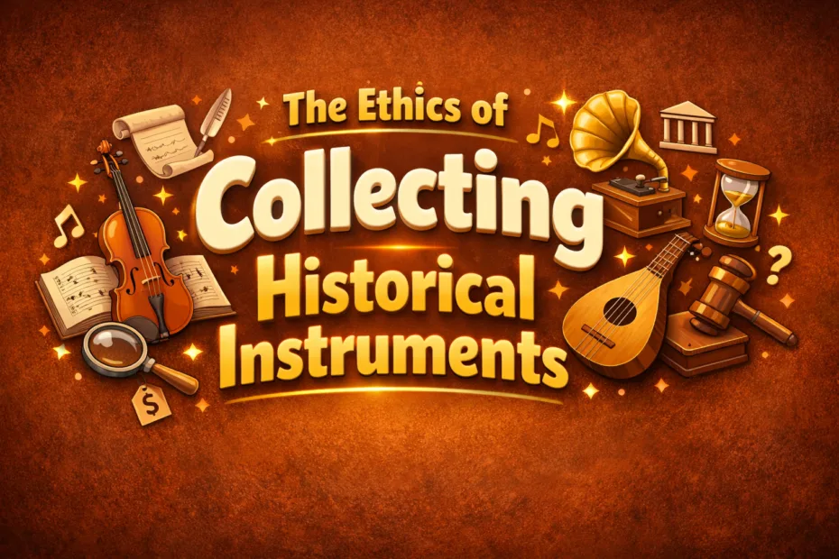 A vintage guitar and an old-fashioned drum set on a wooden floor, illustrating the ethics of collecting historical instrument…