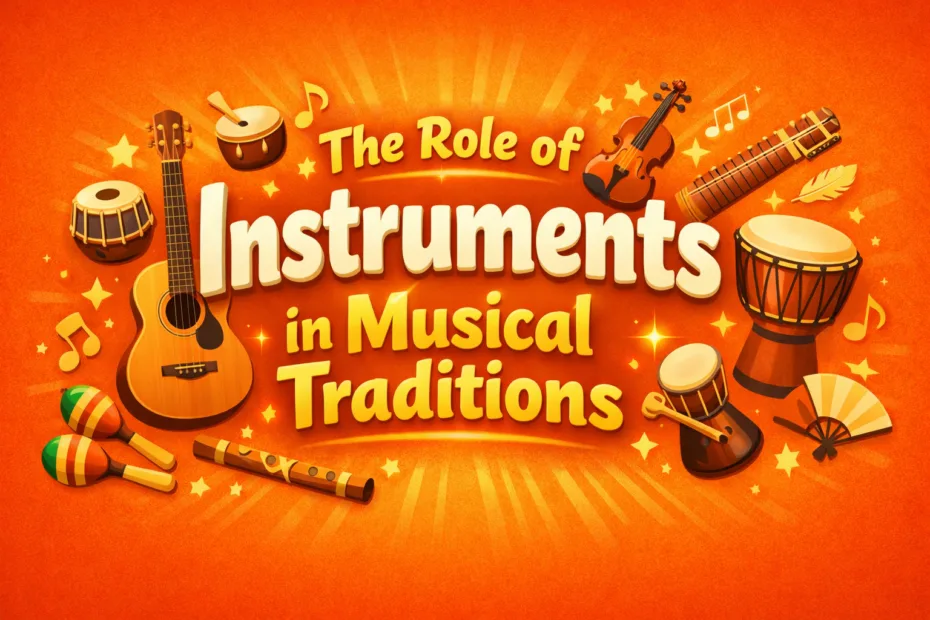 A guitar and drums pictured on a vibrant orange background for musical traditions about instruments.