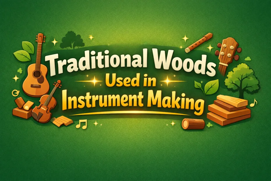 A selection of tonewoods, including spruce and mahogany, used in traditional instrument making, displayed with wood samples a…