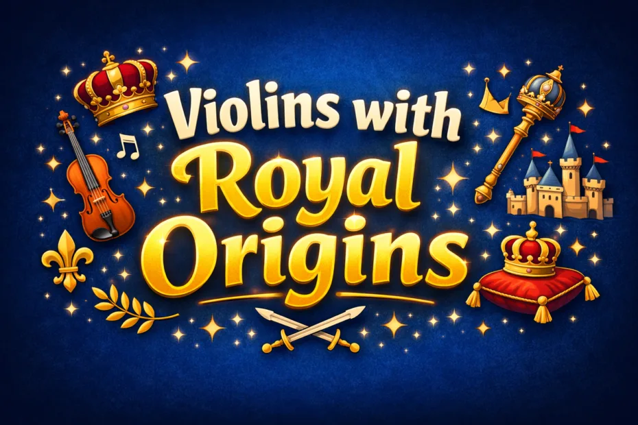 A close-up of a regal-looking violin with an ornate design, highlighting the royal origins of these historic instruments.
