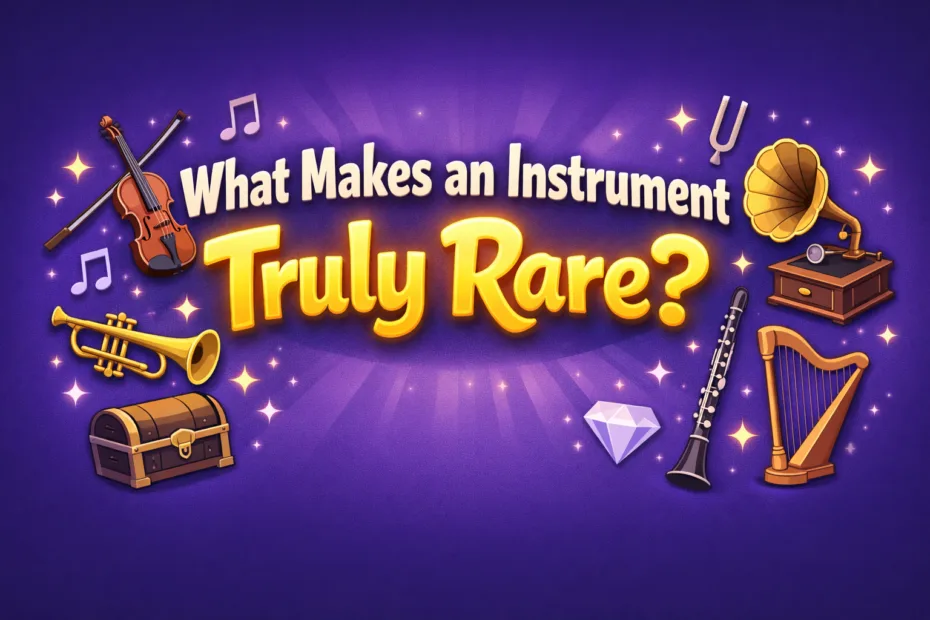 A close-up of a vintage, intricately carved rare instrument lying on a wooden surface with a purple background.