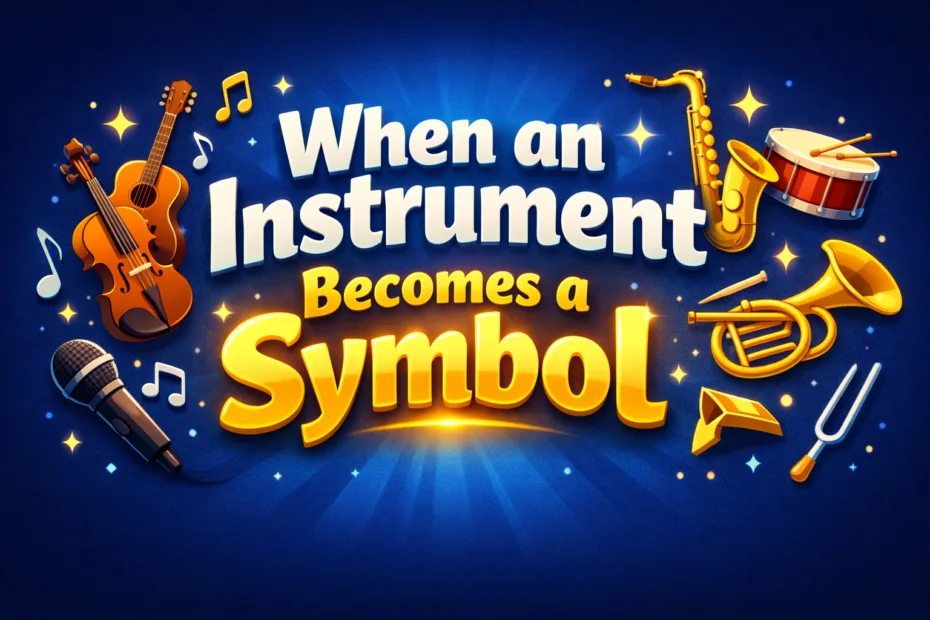 A guitar and a trumpet are shown with musical notes, illustrating how instruments can symbolize meaning and emotion.