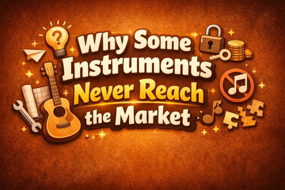 A close-up of a guitar and a drum set with music notes around, illustrating why some instruments remain off market.
