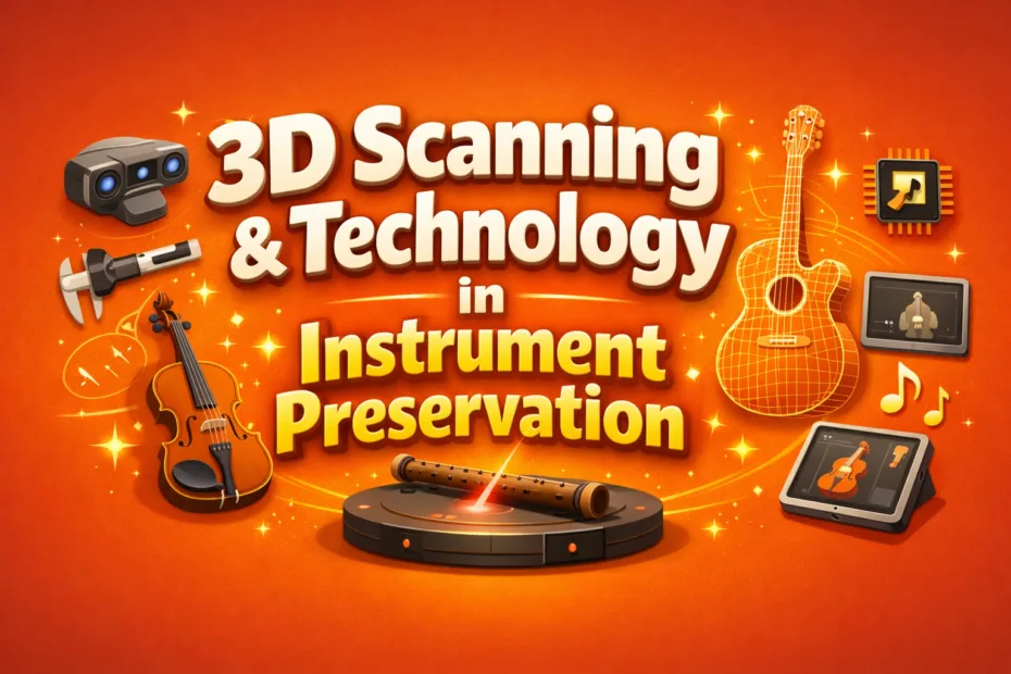 A guitar and a 3D scanner capturing detailed images for instrument preservation with advanced scanning technology.