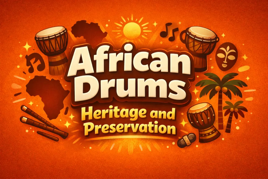 A wooden African drum surrounded by palm trees, emphasizing African drums' heritage and preservation in music.