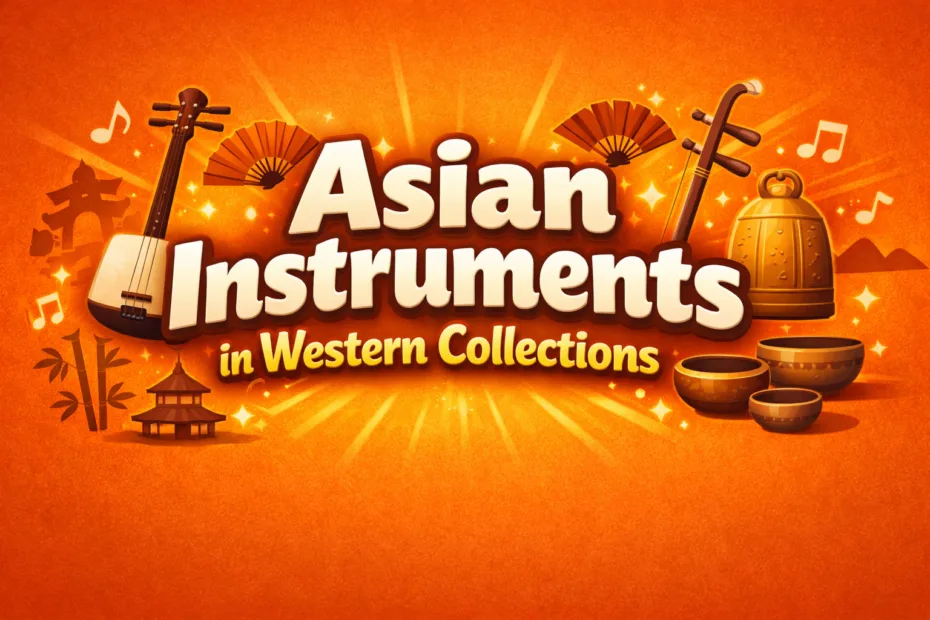 A traditional Asian string instrument and a Western guitar sitting side by side in a museum display.