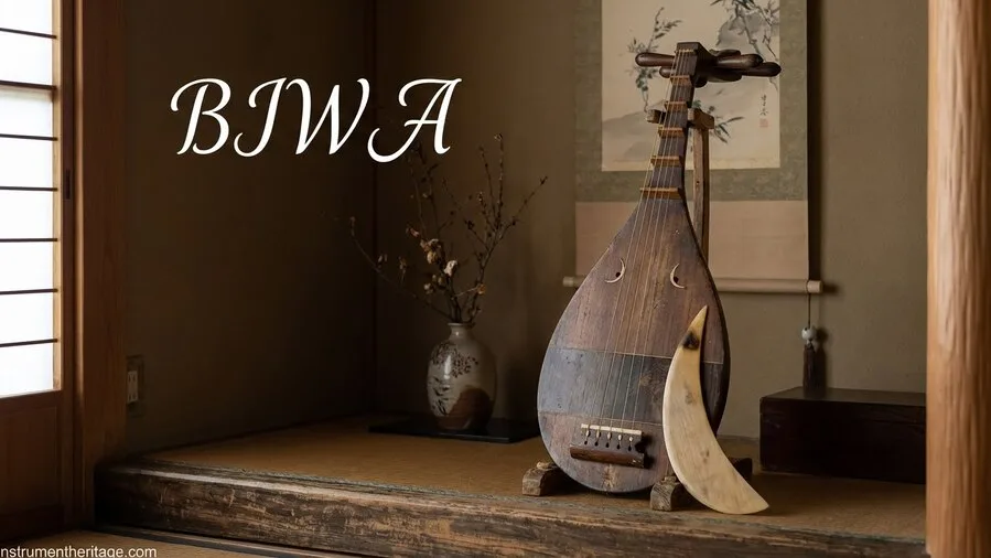 Biwa, a traditional Japanese lute, leans against a wooden table with its long neck and rounded body clearly visible.