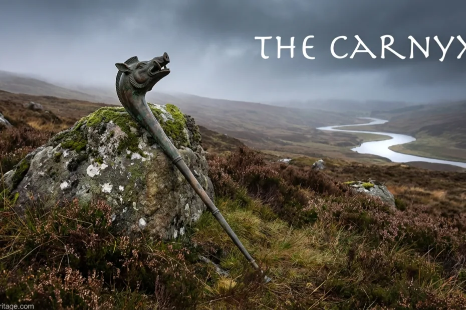 Celtic warrior blowing the brass carnyx war horn amidst a foggy landscape.