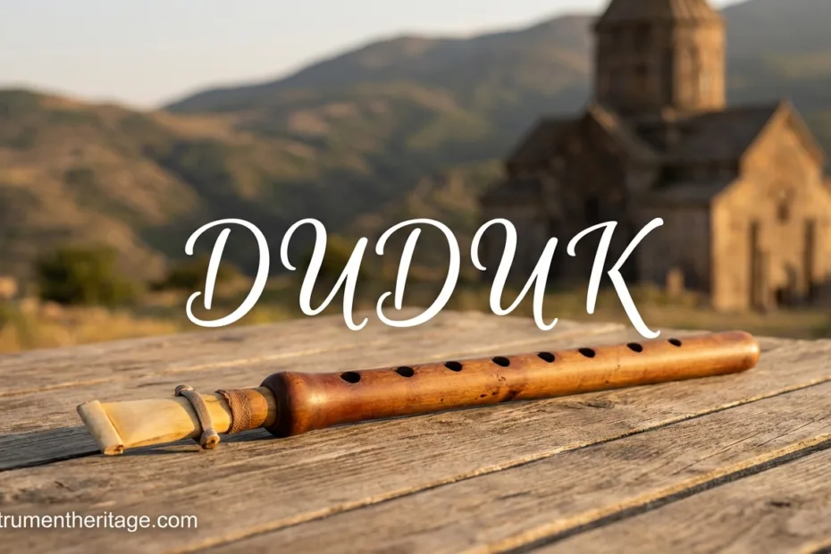 Duduk made of apricot wood with a warm, wooden texture resting on a stone surface in a scenic outdoor setting.