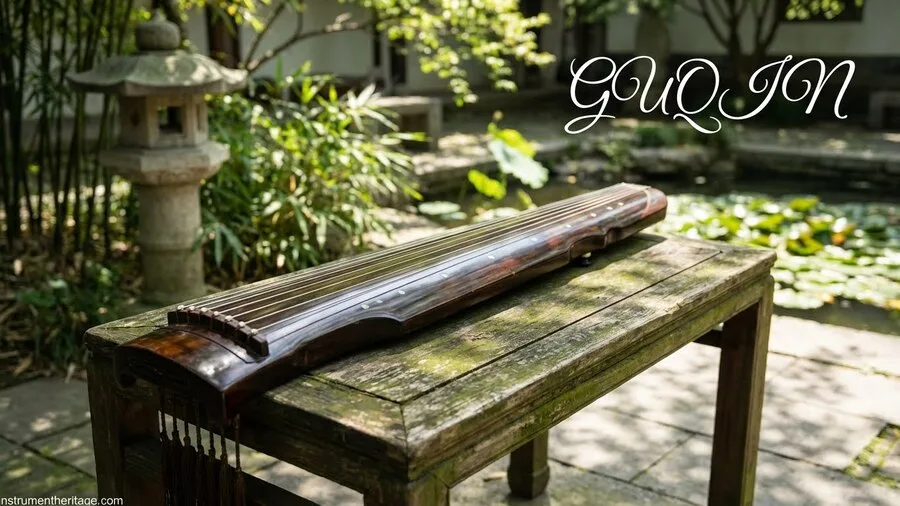 A traditional guqin rests on a wooden bench with lush green plants in the background.