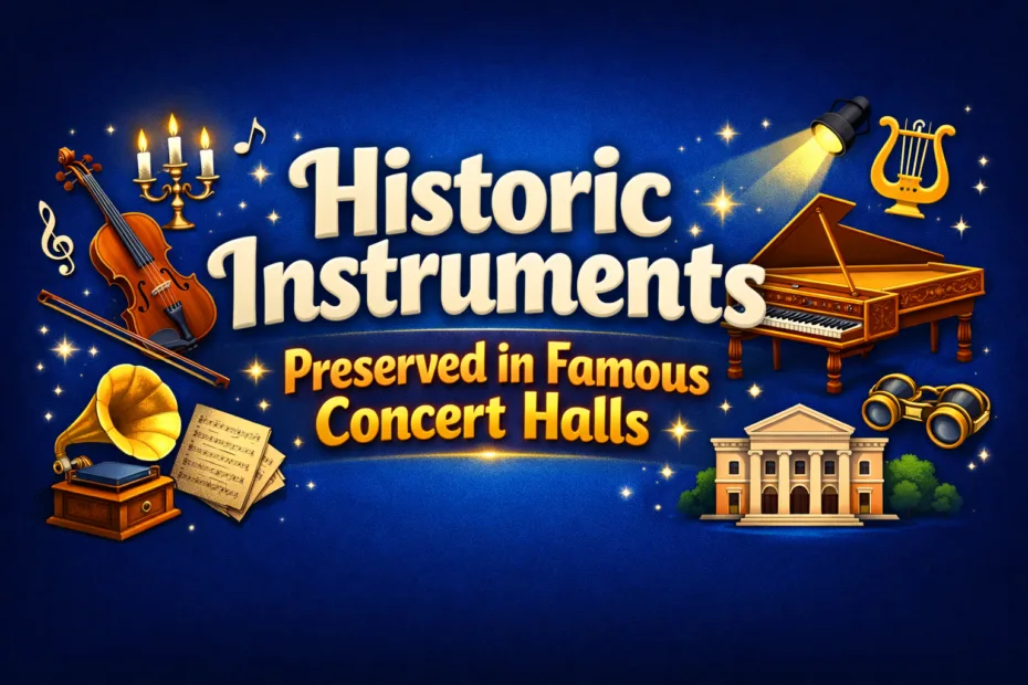 A vintage violin and a grand piano sit inside a historic concert hall showcasing famous instruments.