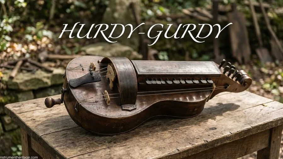 A medieval hurdy-gurdy with a wooden body, a crank handle, and strings stretched over it, placed outdoors on a stone surface.