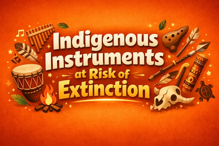 A hand plays an indigenous drum surrounded by wooden percussion instruments, illustrating their risk of extinction.