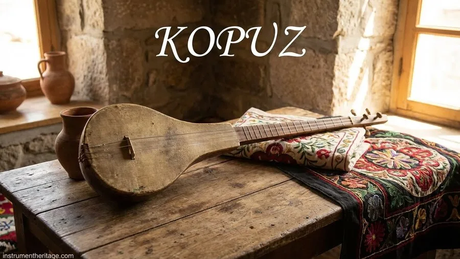 A kopuz, an ancient Turkish instrument with a round body and a long neck, resting on a wooden surface.