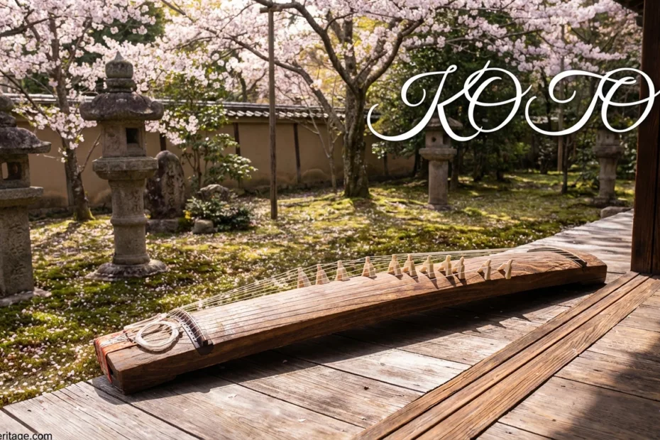 Koto: The Japanese zither features a long wooden body with strings stretched over it, placed on a wooden deck surrounded by c…