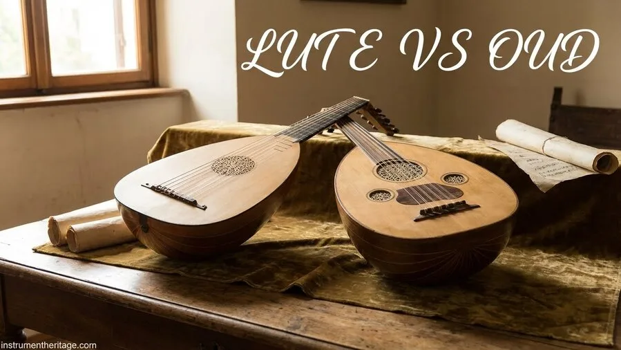 Two traditional string instruments, a lute and an oud, are placed side by side on a wooden surface.
