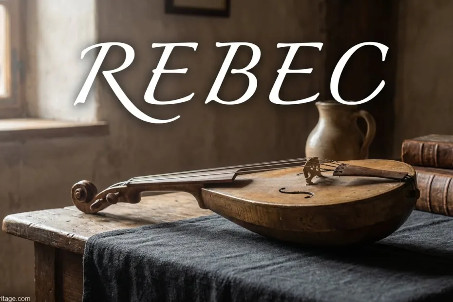 A rebec instrument with a rounded body and three strings resting on a dark cloth surface.