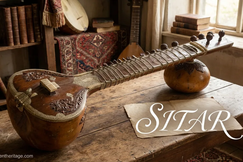 Sitar: An Indian instrument with a long neck, frets, and two glass of water in the background.