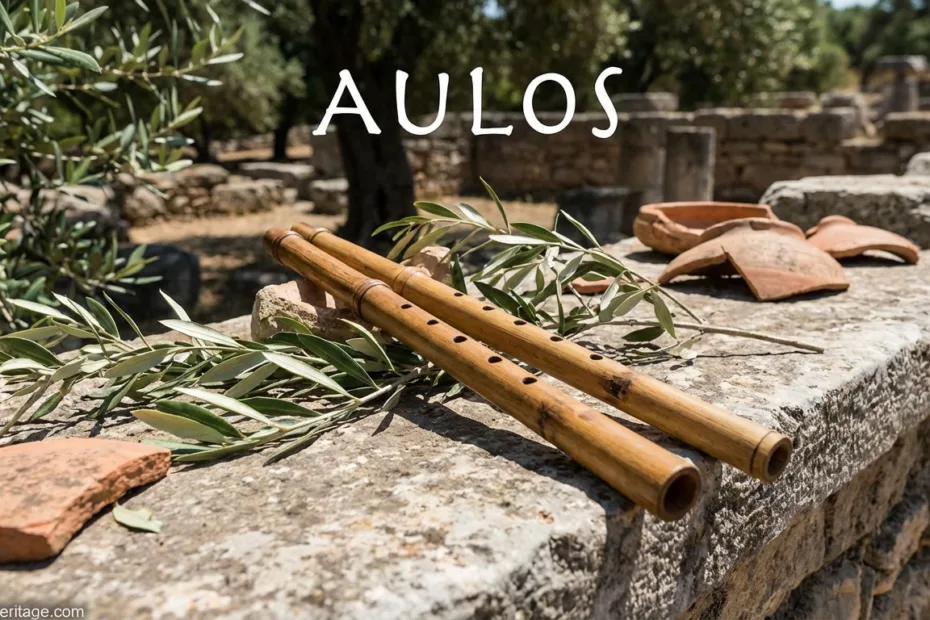Aulos, an ancient Greek double-pipe flute, lying on a stone surface with green leaves around it.
