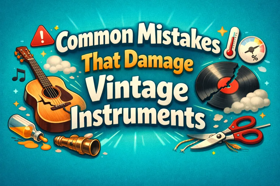 A close-up of a vintage guitar with scratches and a damaged tuner illustrating mistakes that damage vintage instruments.