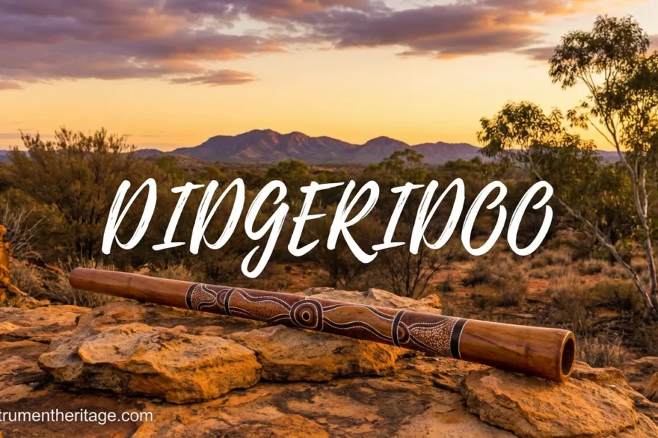 Didgeridoo lying on the ground with a sunset and mountains in the background.