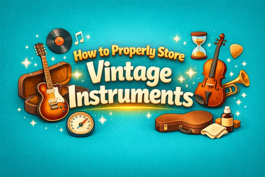 A vintage guitar and a pocket watch placed together on a colorful background emphasizing proper storage techniques for vintag…