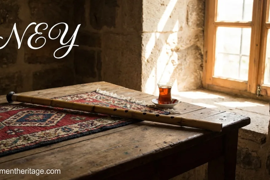 Ney flute resting on a wooden windowsill with sunlight streaming in