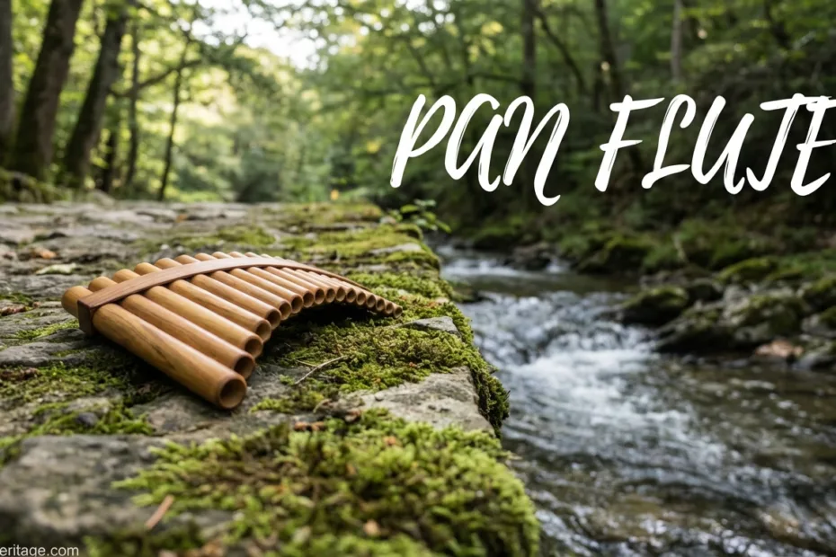 Pan flute resting on moss near a flowing stream, symbolizing its mythological roots.