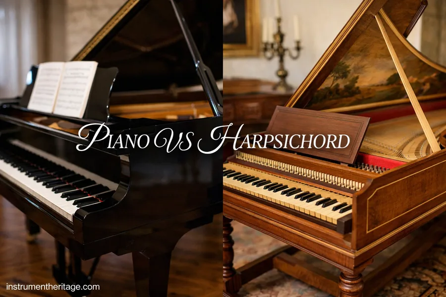 A grand piano and a harpsichord sit side by side, showing their distinct keyboard designs and interior mechanics.