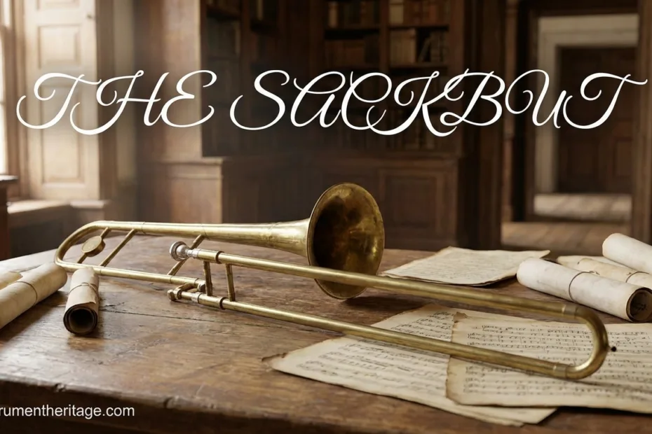 Sackbut resting on a wooden table with sheet music nearby in a Renaissance setting.