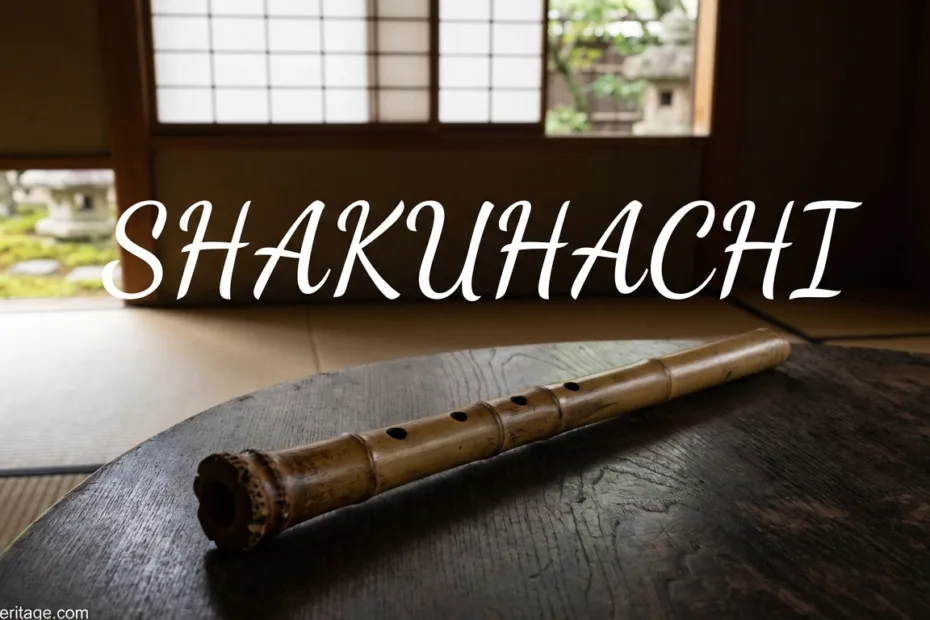 Shakuhachi zen flute with a bamboo body and carved mouthpiece, resting on a wooden surface.