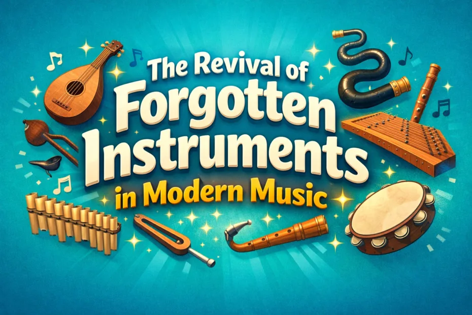 A person playing a traditional wooden instrument amidst a modern music studio, illustrating the revival of forgotten instrume…