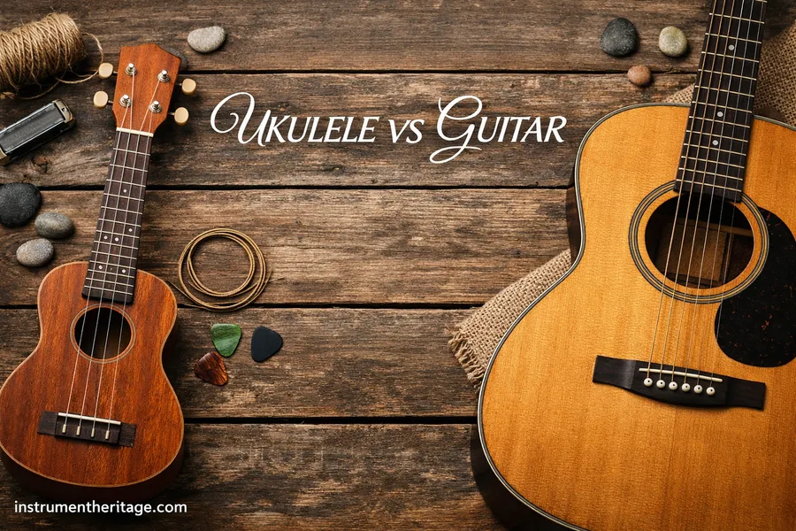 A ukulele and a guitar side by side on a wooden surface, illustrating the ukulele vs guitar comparison.