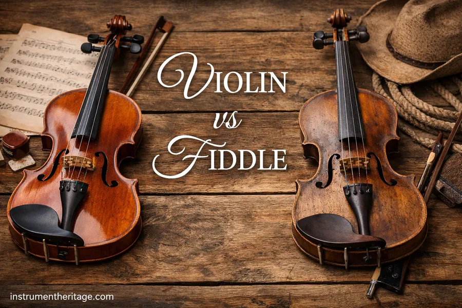 A violin and a fiddle placed side by side on a wooden surface illustrate the difference between the two instruments.