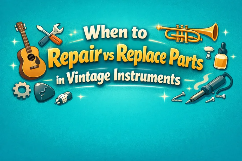 Vintage guitar with a close-up of knobs and strings illustrating repair versus replace parts in instruments.