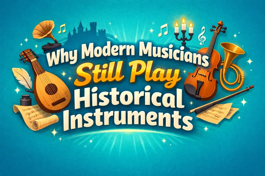 A modern musician playing a vintage acoustic guitar, illustrating why modern musicians still play historical instruments.